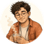 Mr. Poppin, sipping chai on a stack of books