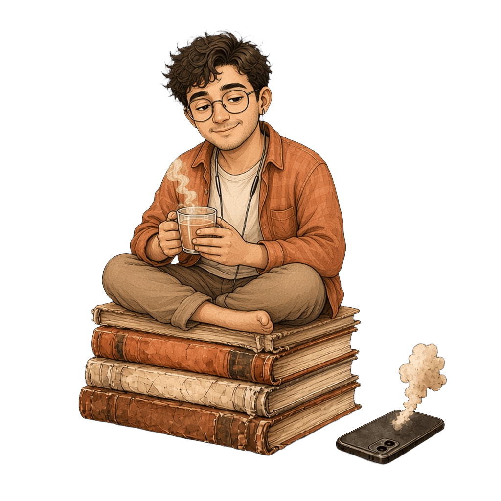 Mr. Poppin, sipping chai on a stack of books